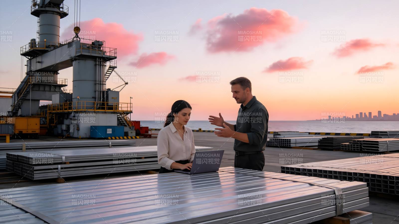 工业区夕阳下洽谈图片