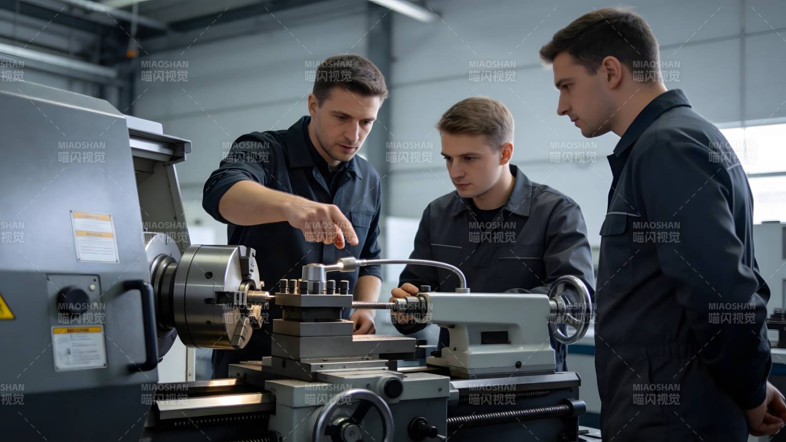 车间三人操作机床图片