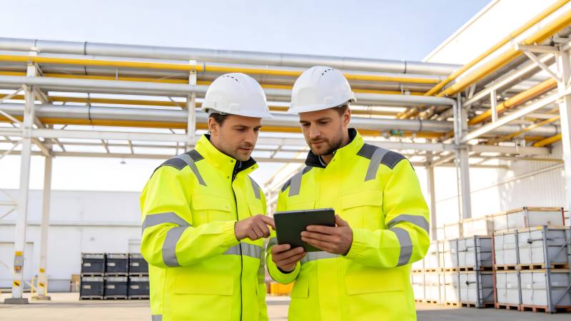 工人查看平板设备图片