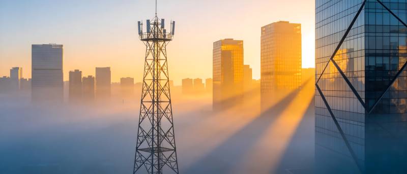 晨雾中的城市塔影图片
