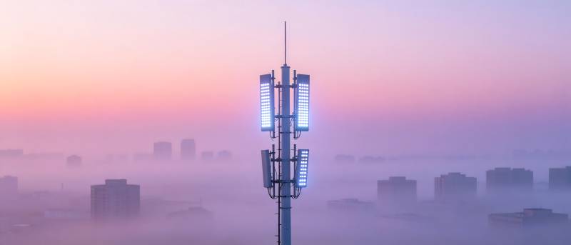 晨雾中的通信塔图片