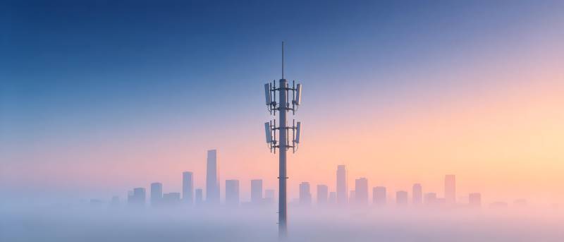 晨雾中的通信塔图片