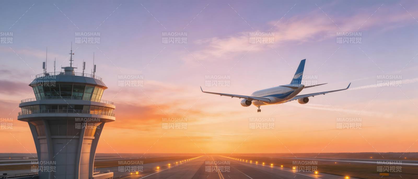 日落时分机场起飞图片