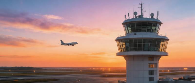 日落机场塔台图片