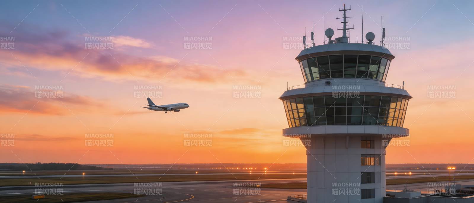 日落机场塔台图片