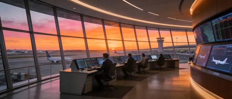 机场控制室日落景象图片