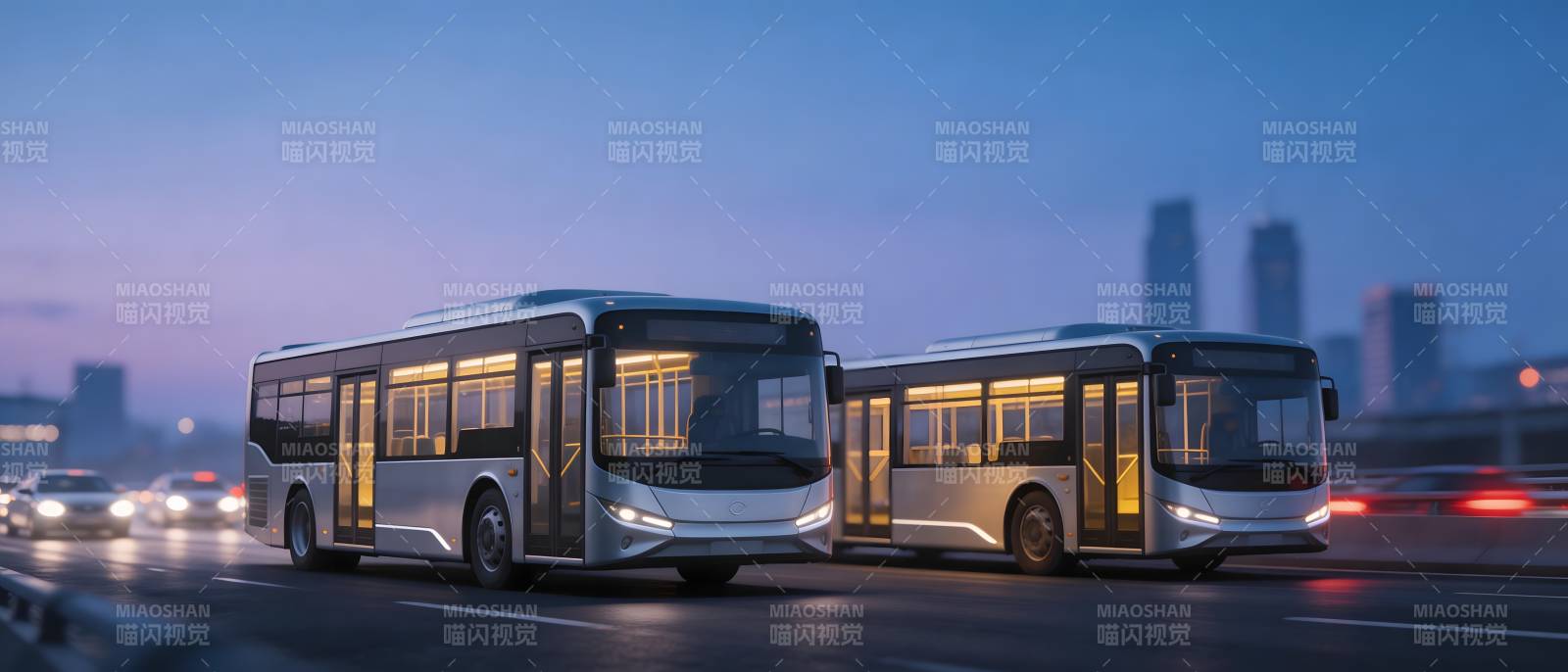 现代公交穿梭城市夜景图片