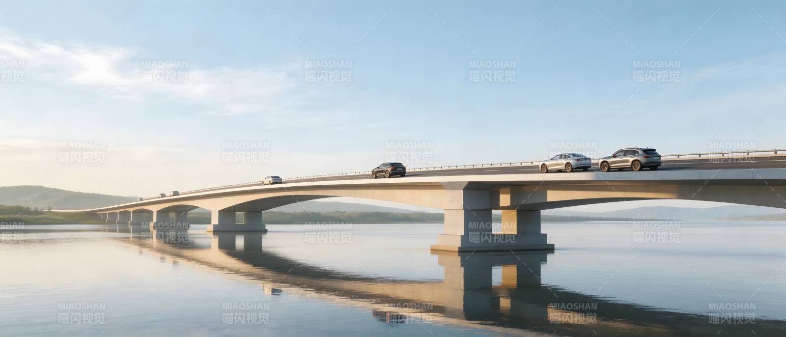 桥上车行 水面倒影图片