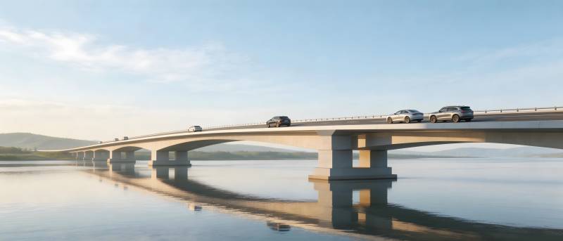 桥上车行 水面倒影图片