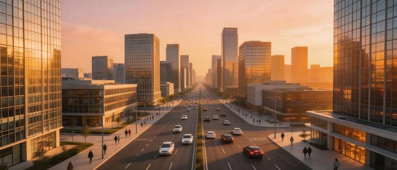 城市晨曦 车流如织图片