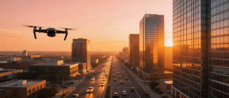 无人机翱翔城市上空图片