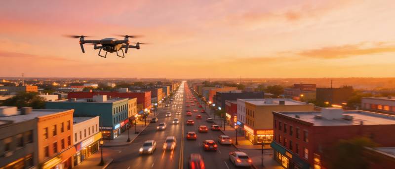 无人机翱翔城市上空图片