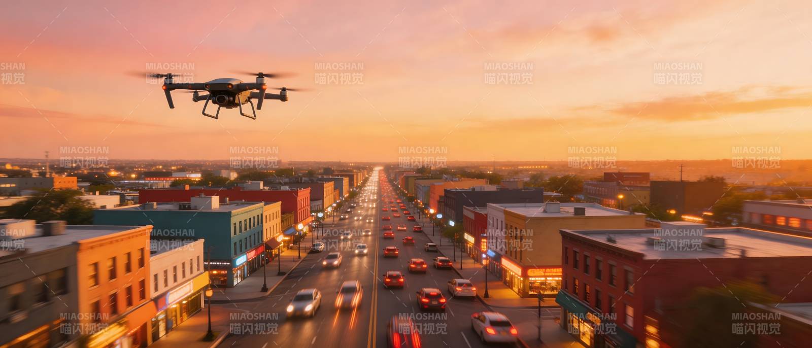 无人机翱翔城市上空图片