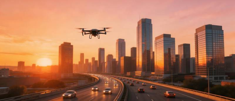 城市黄昏无人机飞翔图片