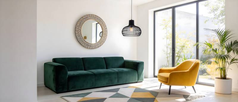 现代客厅绿沙发配黄椅图片