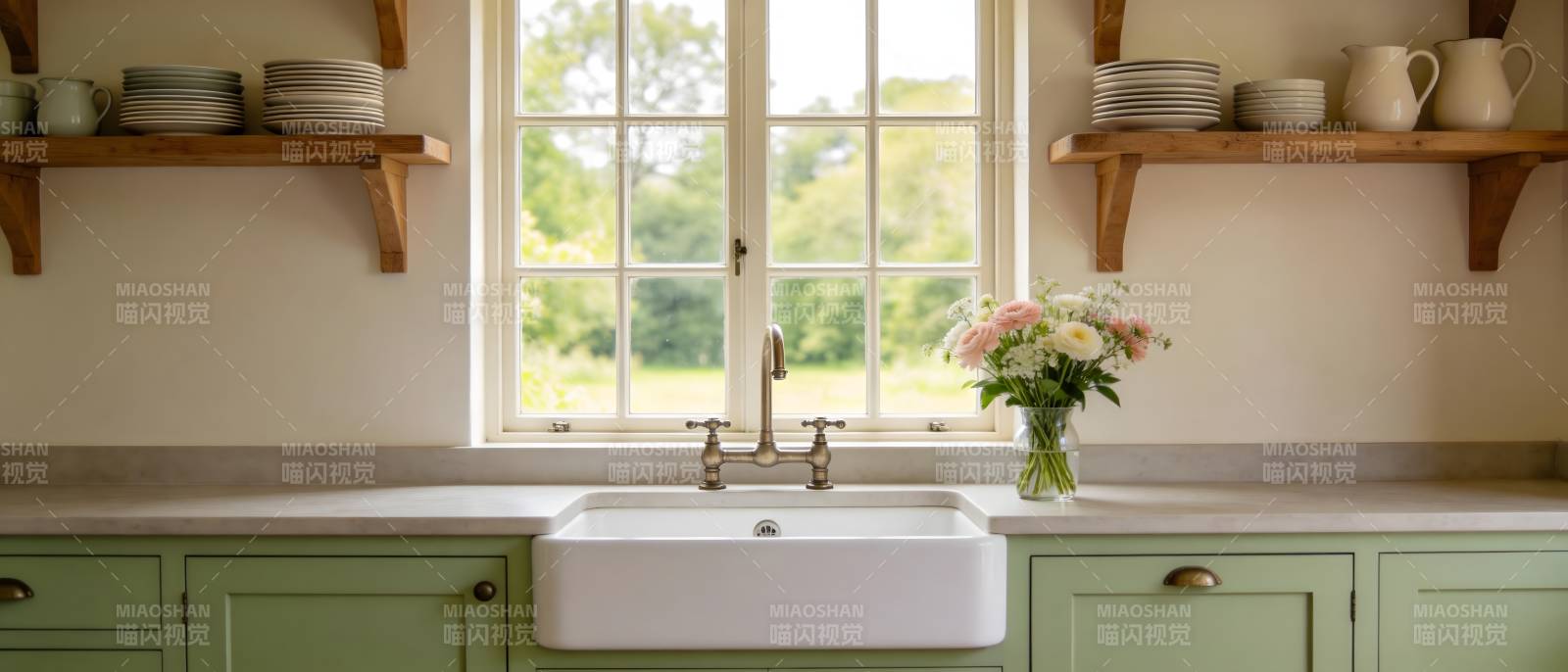 绿意厨房窗景图片