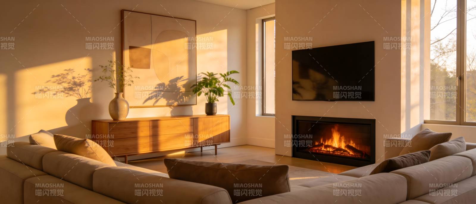 温馨客厅 壁炉暖光图片