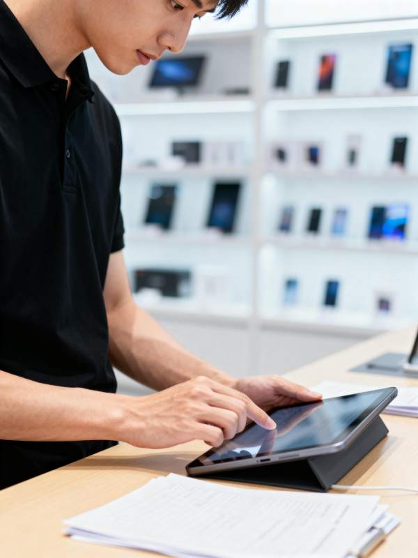 专注操作平板电脑图片