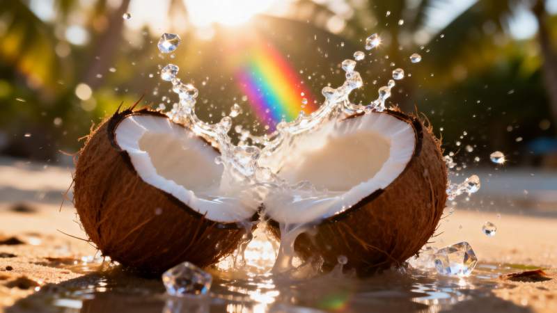 椰子劈开溅水图片