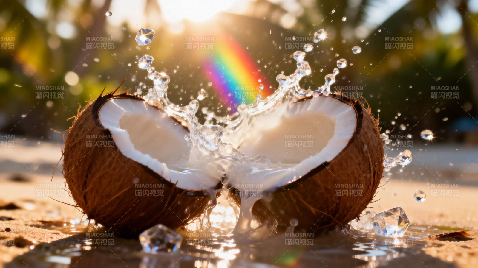 椰子劈开溅水图片