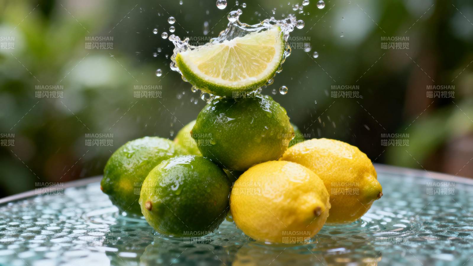 青柠黄柠水花飞溅图片