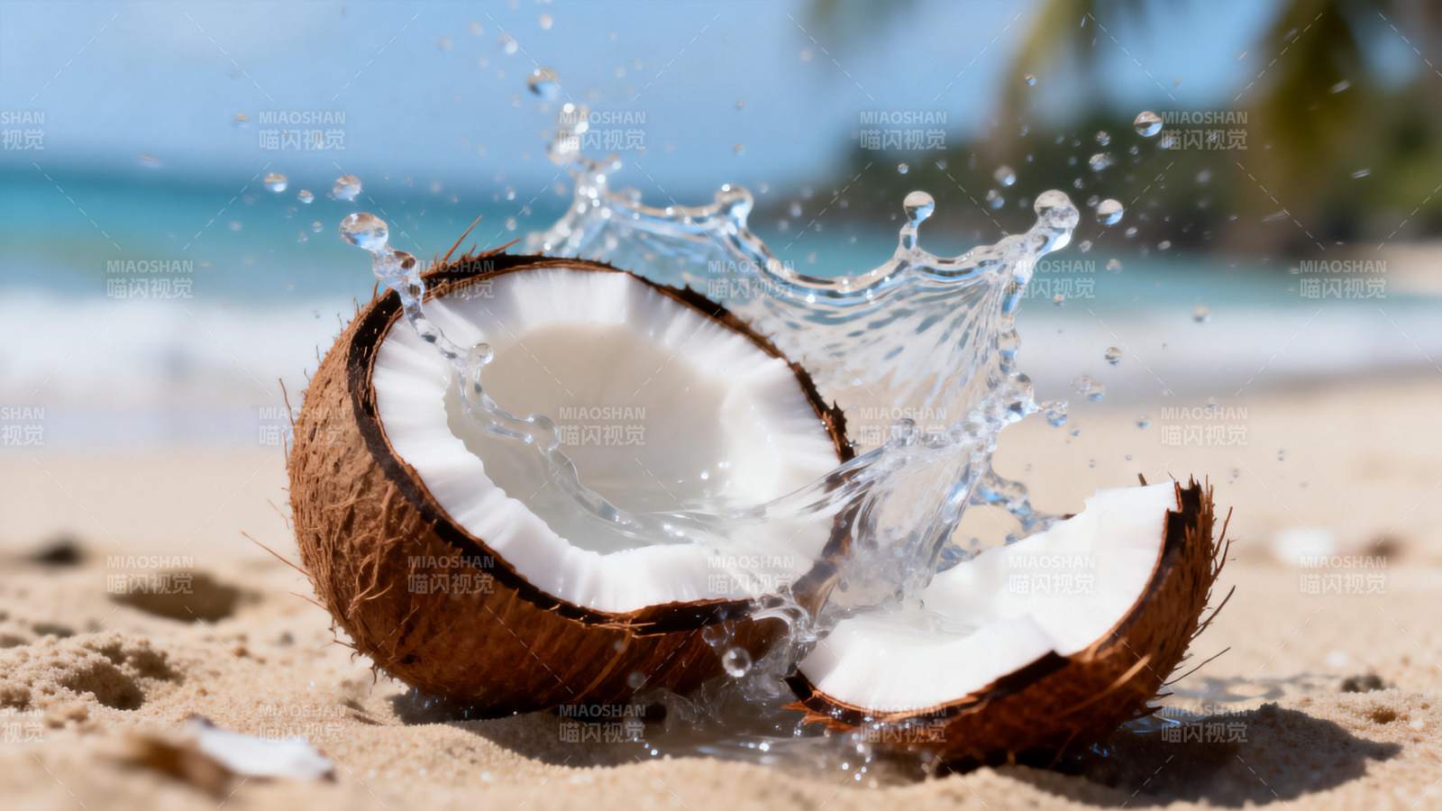 椰子水飞溅沙滩图片