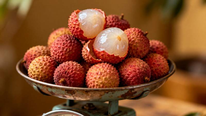 新鲜荔枝堆盘中图片