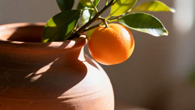 橙果枝头 陶罐静美图片