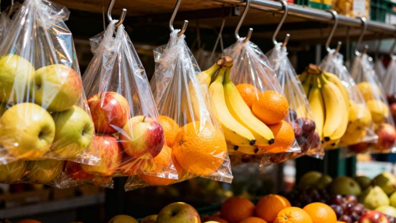 水果摊上的新鲜果袋图片