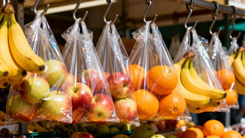 水果摊上的新鲜果袋图片