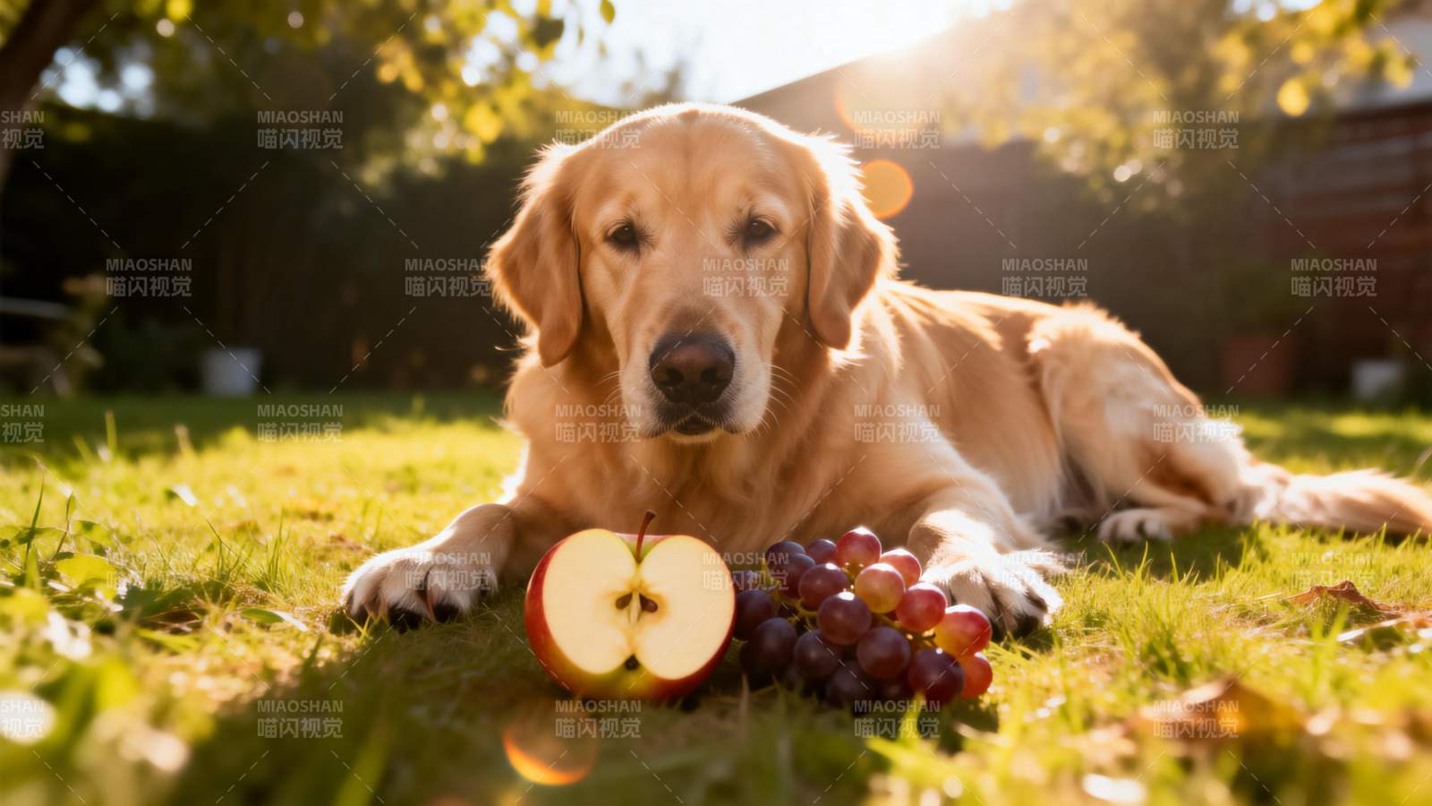 狗狗与水果的秋日时光图片