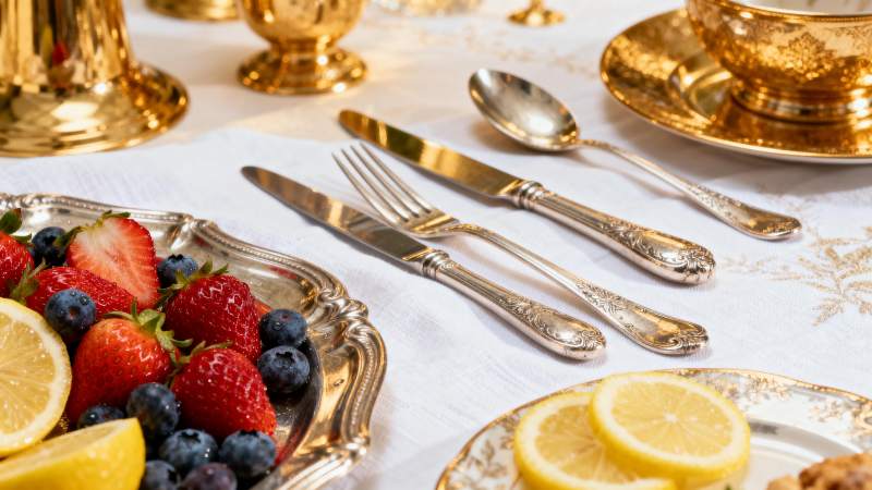 精致餐桌上的水果与银器图片