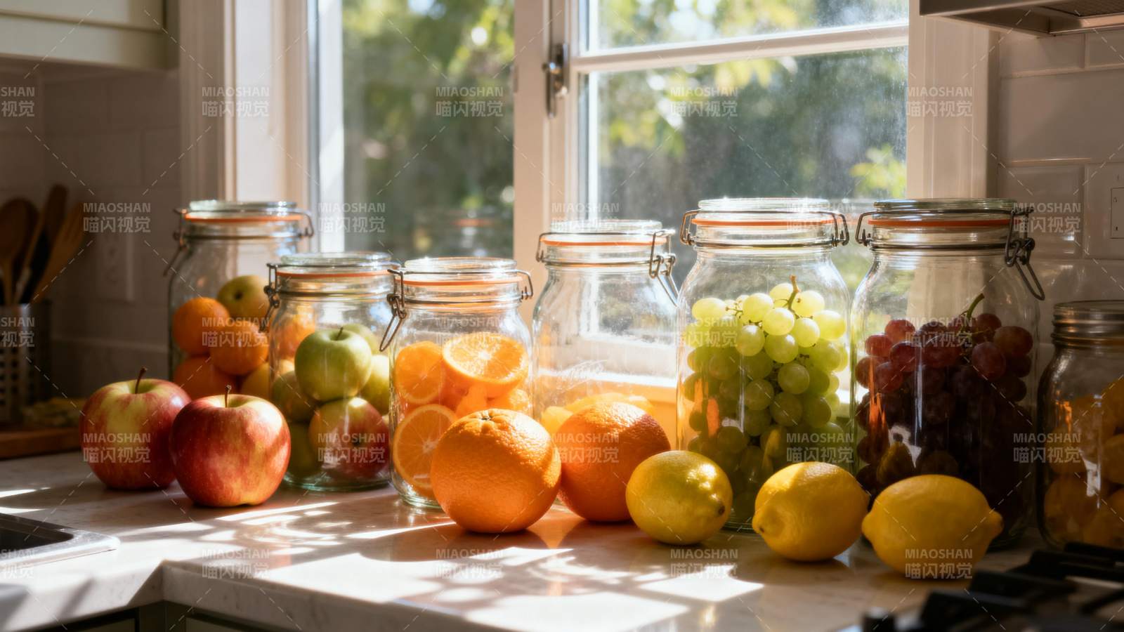 阳光下的水果罐头图片