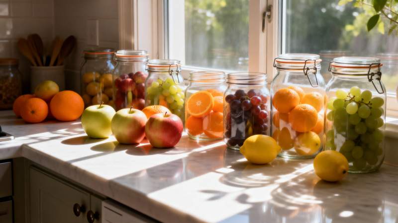 阳光下的水果罐头图片