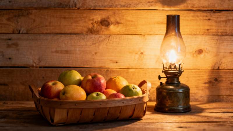 油灯下的苹果篮图片