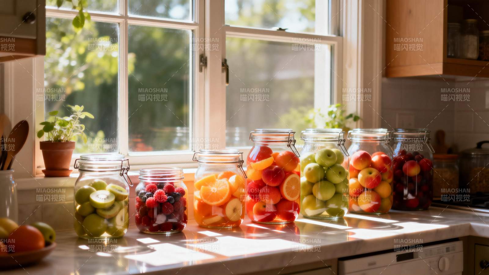 阳光下的水果罐头图片