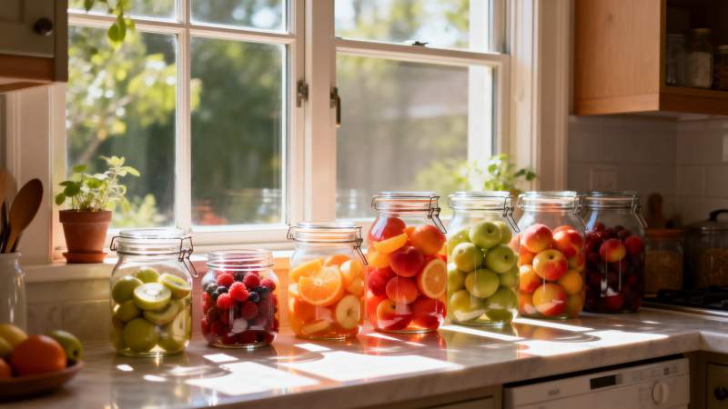 阳光下的水果罐头图片