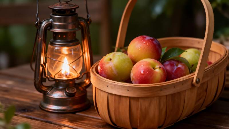 篮中苹果伴灯影图片