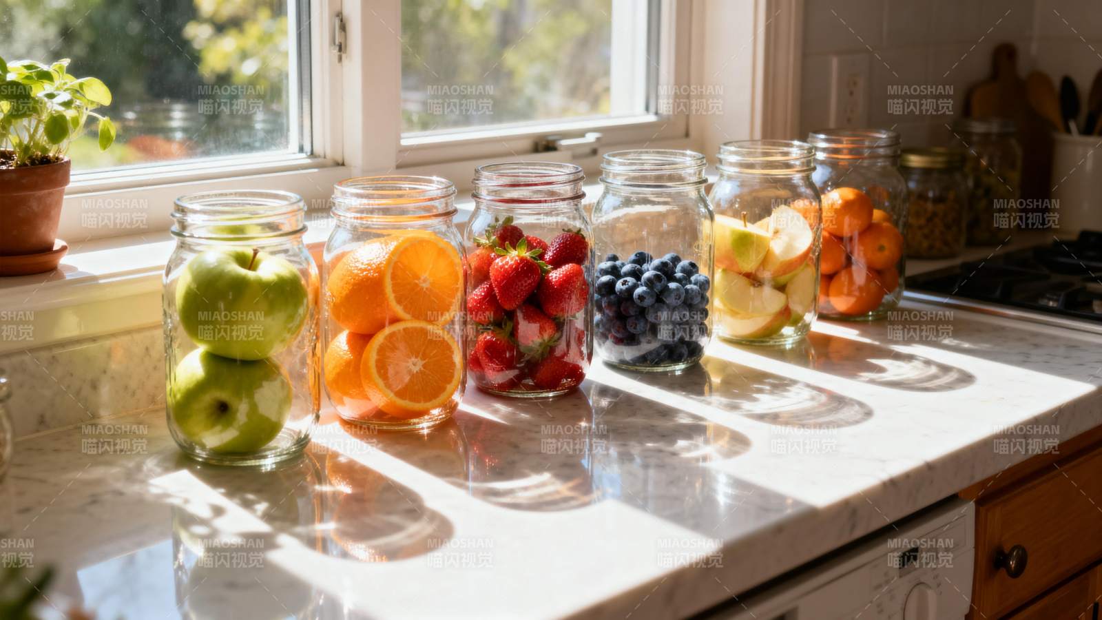阳光下的水果罐头图片