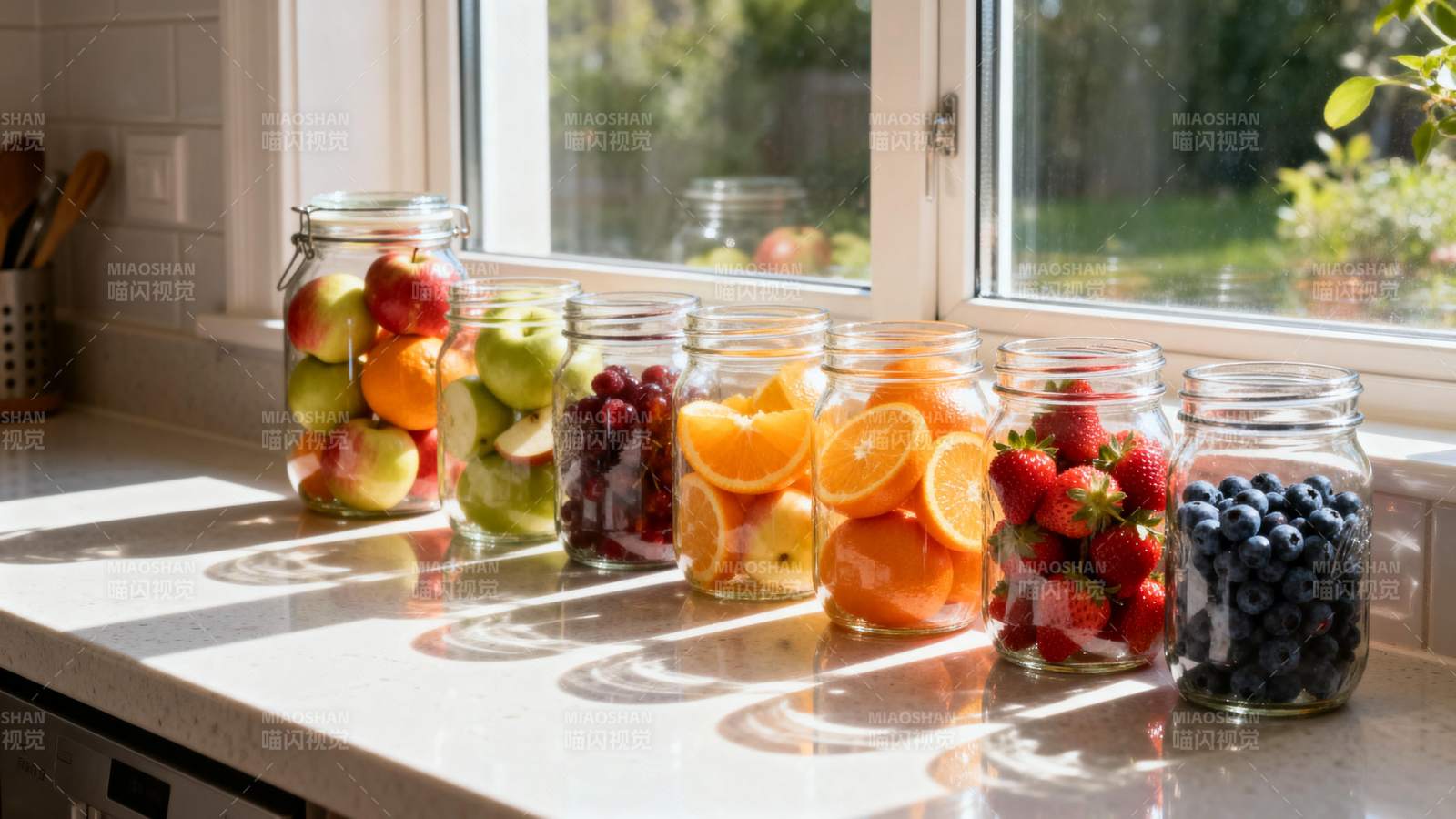 阳光下的水果罐头图片