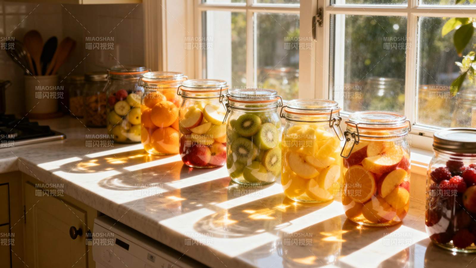 阳光下的水果罐头图片