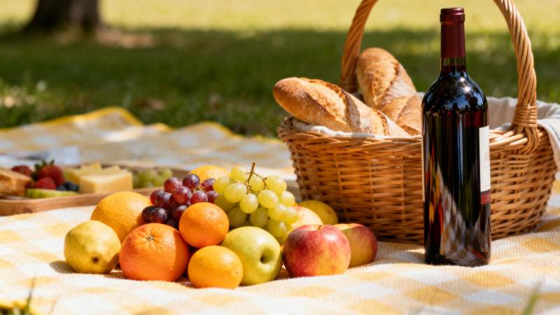 野餐果篮与红酒图片