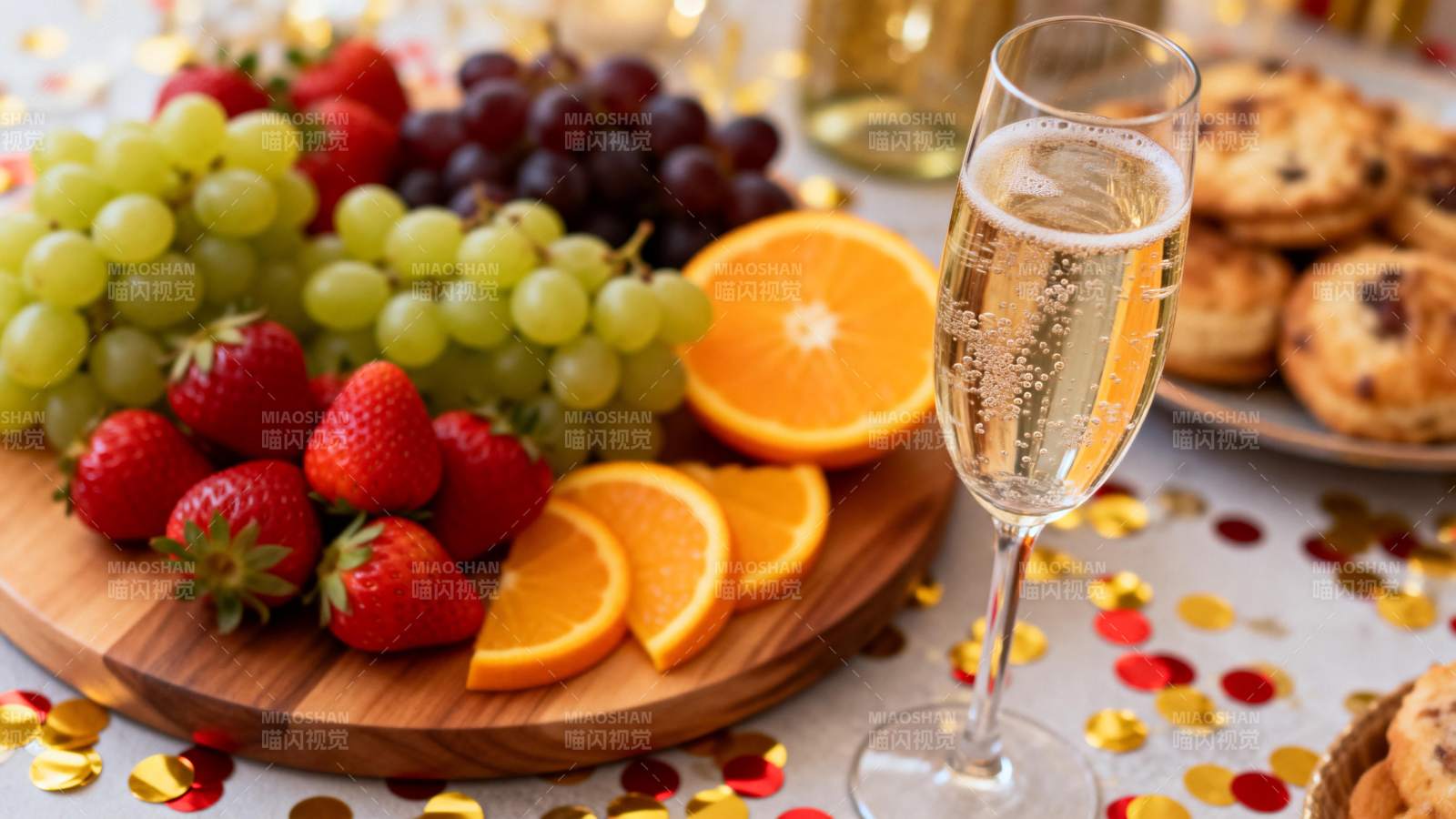 果盘香槟迎新年图片