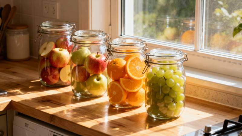 阳光下的水果罐头图片