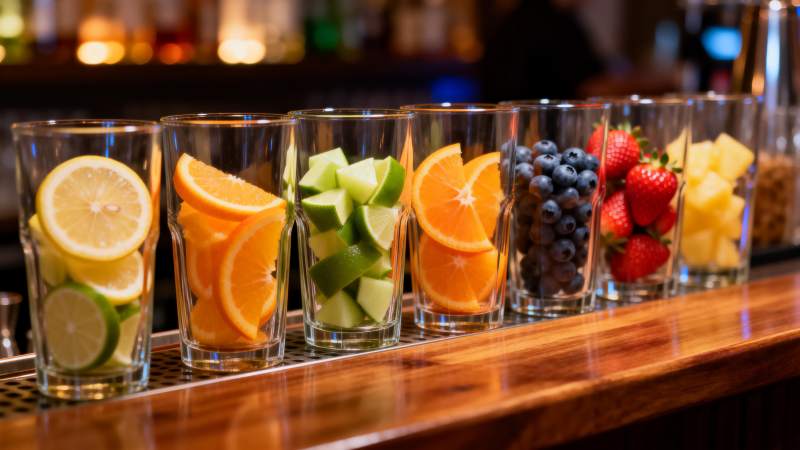 水果杯排列吧台图片