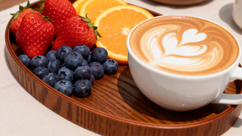 咖啡与水果拼盘图片