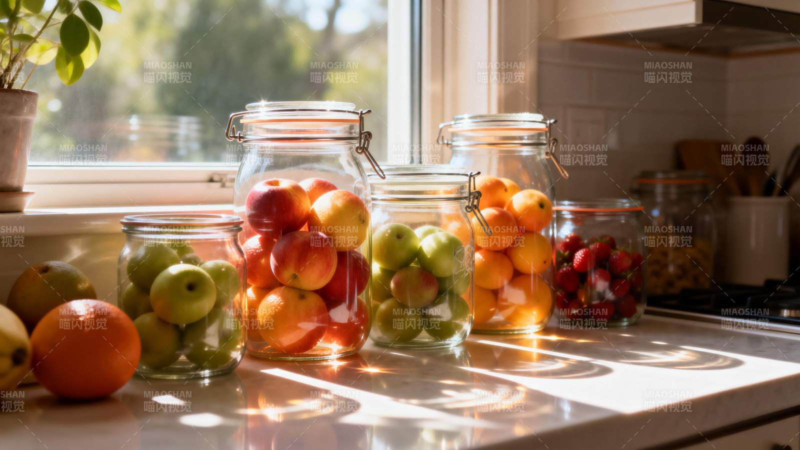 阳光下的水果罐头图片