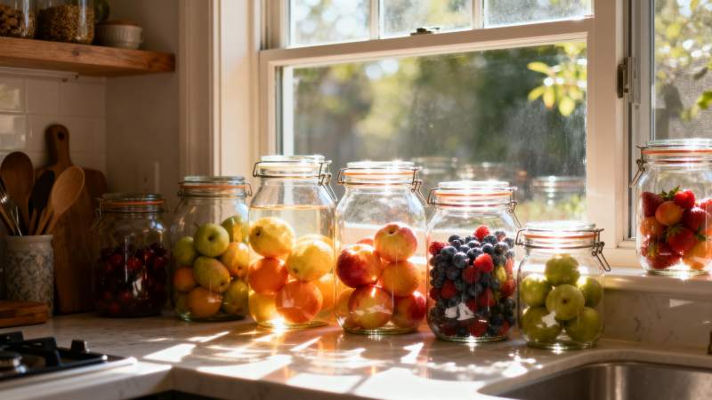 阳光下的水果罐头图片