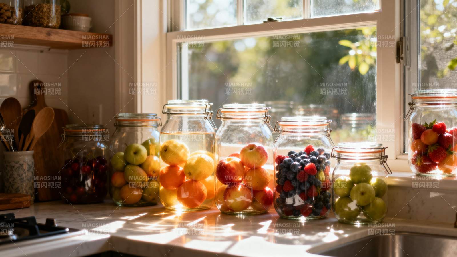 阳光下的水果罐头图片