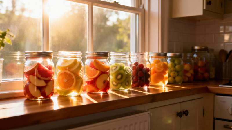 阳光下的水果罐头图片